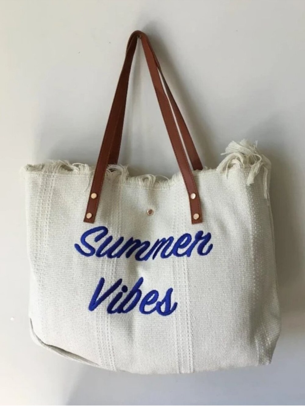 Adorable Summer Vibes White Tote Bag with Brown Straps
